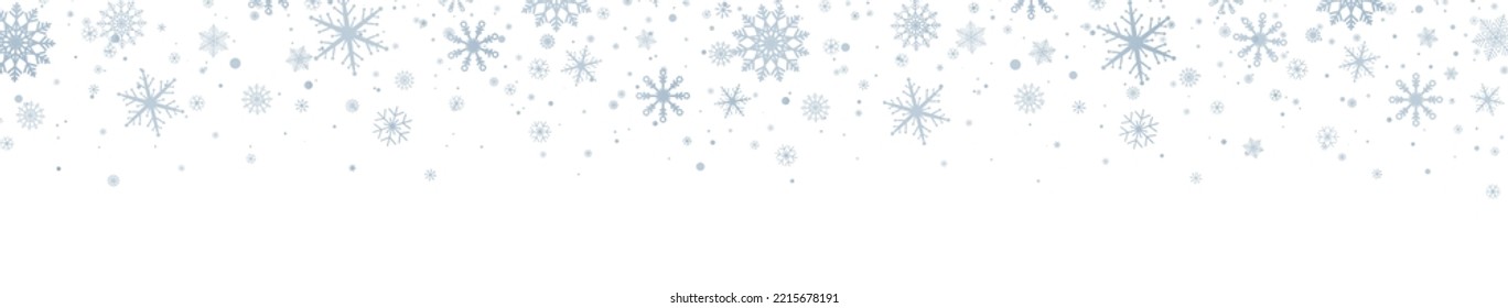 Snowflakes blue frame. Luxury Christmas garland border. Snowflake falling with different ornaments. Happy New Year banner. Winter design card. Frozen ice silhouette. Vector illustration.