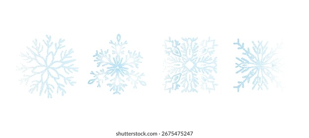 Conjunto de iconos de gradiente de ruido azul de copos de nieve. Elementos de hielo de gradación granulada de la temporada de invierno. Navidades. Ilustración de Formas congeladas de semitonos simples de Vector aisladas sobre fondo transparente.