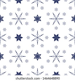 Snowflakes blue on white background, seamless winter pattern.