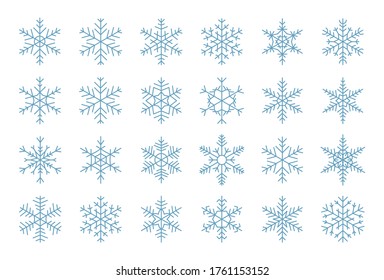 Juego de líneas delgadas azules con copos de nieve. Firma el cristal de hielo de invierno. Elemento congelante adorno navideño frío. Iconos climáticos nevando, símbolo de agua congelada. Objeto para el diseño de la tarjeta de Año Nuevo Isolación de ilustración vectorial