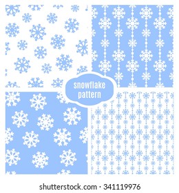 Snowflakes blue and white vector seamless pattern set. Christmas background