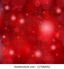 Snowflakes And Blurry Lights On Dark Red Background. Great Backdrop For Winter Or Christmas Themes. Space For Your Text.