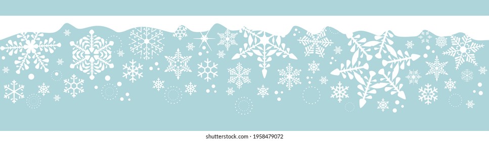 Snowflakes border with ice and falling snow flakes