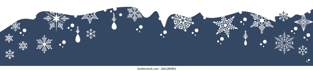 Snowflakes border with ice and falling snow flakes