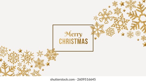 Snowflakes border, Merry Christmas frame. Snow wave poster. Golden snow flakes stars on white background. Vector illustration. Place for text. Gold 3d winter pattern, banner flyer, holiday template