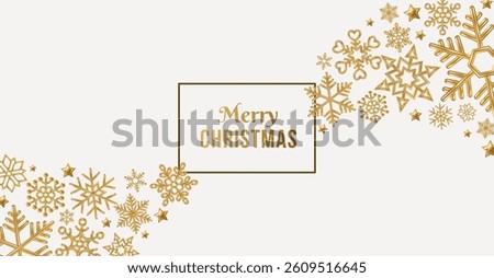 Snowflakes border, Merry Christmas frame. Snow wave poster. Golden snow flakes stars on white background. Vector illustration. Place for text. Gold 3d winter pattern, banner flyer, holiday template