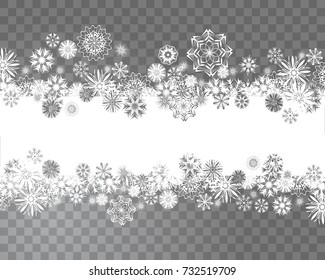 Snowflakes border on a transparent background. Abstract snow background for your Christmas design. Place for your text. Vector illustration.