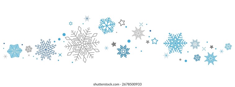 Borde de copos de nieve en forma de onda. Copos de nieve azules con borde de estrellas . Hermoso Vector de la onda de los copos de nieve . Decoración navideña.	