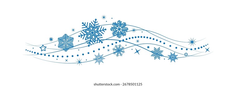 Borde de copos de nieve en forma de onda. Copos de nieve azules con borde de estrellas . Hermoso Vector de la onda de los copos de nieve . Decoración navideña.	