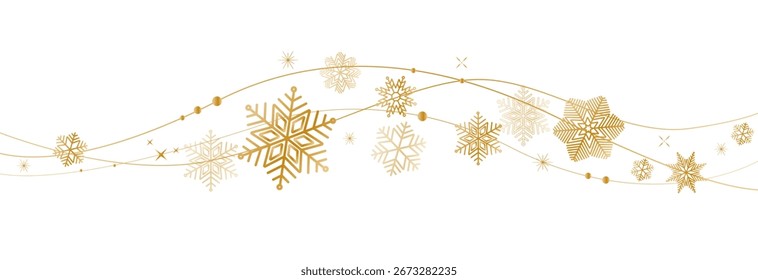 Snowflakes border in wave shape . Golden snowflakes with stars border . Golden snowflakes wave vector . Christmas decoration .