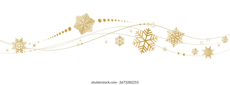 Borda em flocos de neve em forma de onda . Flocos de neve dourados com borda de estrelas . Vetor de onda flocos de neve dourados . Decoração de Natal .