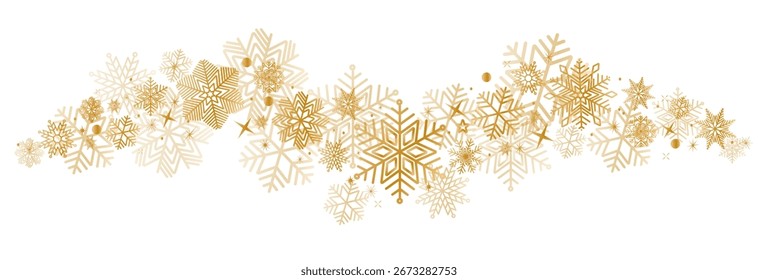 Borde de copos de nieve en forma de onda. Copos de nieve dorados con borde de estrellas . Copos de nieve dorados onda Vector . Decoración navideña.