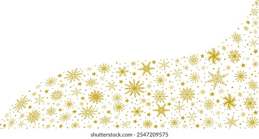 Snowflakes border in a wave shape with no background. Wave vector of golden snowflakes. Template with golden snowflake. Christmas decoration.