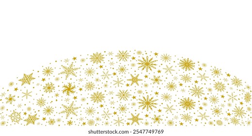 Snowflakes border in a wave shape with no background. Wave vector of golden snowflakes. Template with golden snowflake. Christmas decoration.