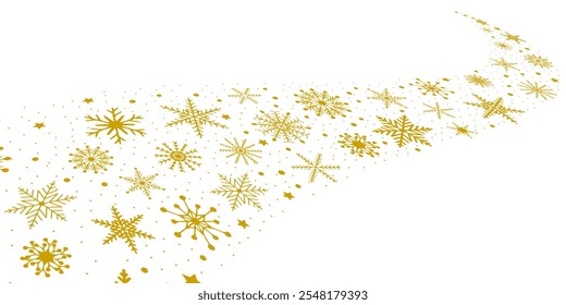 Borde de copos de nieve en forma de onda sin fondo. Vector ondulado de copos de nieve dorados. Plantilla con copo de nieve dorado. Decoración navideña.