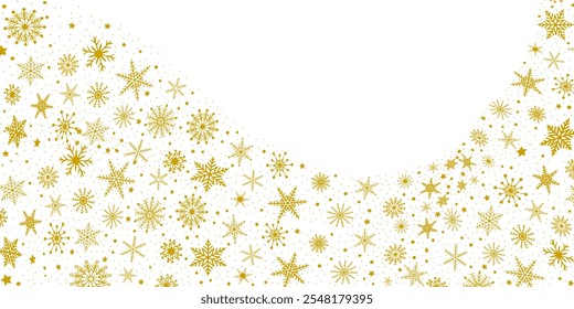 Snowflakes border in a wave shape with no background. Wave vector of golden snowflakes. Template with golden snowflake. Christmas decoration.