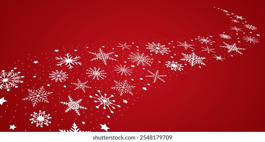 Snowflakes border in a wave shape on a red background. Wave vector of white snowflakes. Template with white snowflake. Christmas decoration.