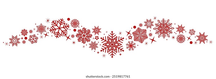 Borde de copos de nieve en forma de onda. Copos de nieve rojos con borde de estrellas. Copos de nieve de Vector. Decoración navideña. Plantilla con Elementos de Navidad .Snowflakes garland