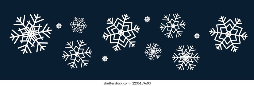 Snowflakes border. White snowflakes on a dark blue background.