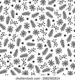 Snowflakes and branches winter pattern in doodle style on white background. Vector stock illustration