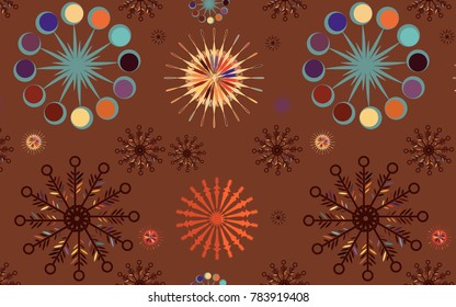 snowflakes in brown and orange color over brown background. cool festive pattern for textile, fabric and background cheerful designs. Pattern swatch is included for endless repetition in the eps file.