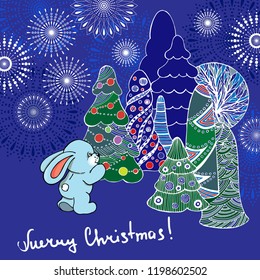 

Snowflakes. Bunny, New Year's winter forest, Christmas trees, New Year's toys. Christmas and New Year. Holidays. Winter. Items Congratulation, greeting card, invitation.