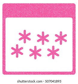 Snowflakes Calendar Page grainy textured icon for overlay watermark stamps. Flat symbol with dirty texture. Dotted vector pink ink rubber seal stamp with grunge design on a white background.