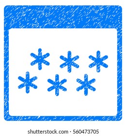 Snowflakes Calendar Page grainy textured icon for overlay watermark stamps. Flat symbol with dirty texture. Dotted vector blue ink rubber seal stamp with grunge design on a white background.