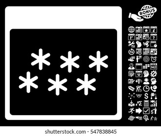Snowflakes Calendar Page icon with bonus calendar and time management pictograms. Vector illustration style is flat iconic symbols, white, black background.