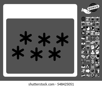 Snowflakes Calendar Page icon with bonus calendar and time management pictograms. Vector illustration style is flat iconic symbols, black and white, gray background.