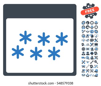 Snowflakes Calendar Page icon with bonus setup tools clip art. Vector illustration style is flat iconic symbols, smooth blue, white background.