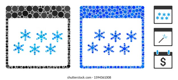 Snowflakes calendar page mosaic of small circles in variable sizes and shades, based on snowflakes calendar page icon. Vector random circles are composed into blue collage.