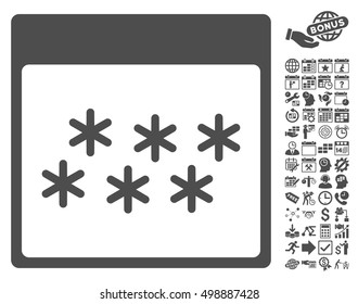 Snowflakes Calendar Page pictograph with bonus calendar and time management icon set. Vector illustration style is flat iconic symbols, gray, white background.