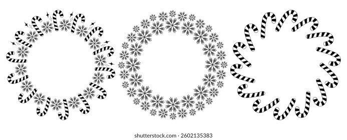 Snowflakes Candy Cane Decorative Stars Christmas Circular Frame border Copy space Template Set 3 tag