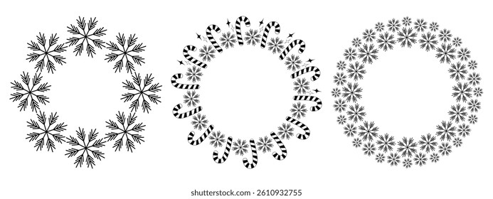 Snowflakes Candy Cane Decorative Stars Black and White Circular Frame border Copy space Template Set