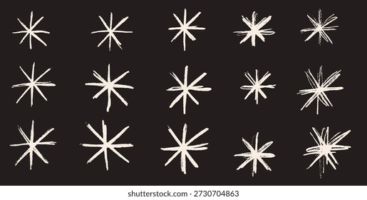 Copos de nieve tiza dibujado signo de forma. Conjunto de Elementos irregulares de asterisco. Abstractas lápiz de crayón dibujado estrellas colección. Copos de nieve de pincel desiguales. Marcadores simples símbolos hechos a mano. Ilustración vectorial.