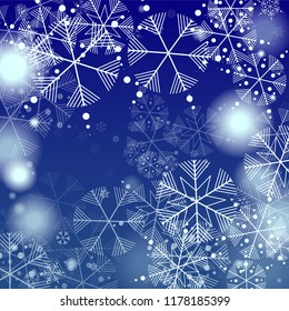 Snowflakes Christmas Background. Element of Design with Snow for a Postcard, Invitation Card, Banner, Flyer.  Vector Falling Snowflakes on a Blue Background