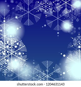 Snowflakes Christmas Background. Element of Design with Snow for a Postcard, Invitation Card, Banner, Flyer.  Vector Falling Snowflakes on a Blue Background


