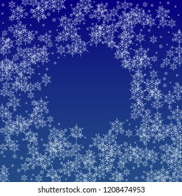 Snowflakes Christmas Background. Element of Design with Snow for a Postcard, Invitation Card, Banner, Flyer.  Vector Falling Snowflakes on a Blue Background


