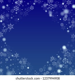 Snowflakes Christmas Background. Element of Design with Snow for a Postcard, Invitation Card, Banner, Flyer.  Vector Falling Snowflakes on a Blue Background