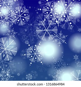 Snowflakes Christmas Background. Element of Design with Snow for a Postcard, Invitation Card, Banner, Flyer.  Vector Falling Snowflakes on a Blue Background


