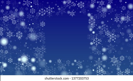 Snowflakes Christmas Background. Element of Design with Snow for a Postcard, Invitation Card, Banner, Flyer.  Vector Falling Snowflakes on a Blue Background

