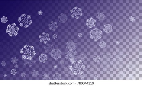 Snowflakes Christmas Background. Element of Design with Snow for a Postcard, Invitation Card, Banner, Flyer.  Vector Falling Snowflakes on a Blue Winter Background
