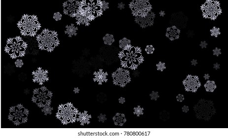 Snowflakes Christmas Background. Element of Design with Snow for a Postcard, Invitation Card, Banner, Flyer.  Vector Falling Snowflakes on a Black Winter Texture.