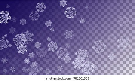 Snowflakes Christmas Background. Element of Design with Snow for a Postcard, Invitation Card, Banner, Flyer.  Vector Falling Snowflakes on a Blue Background