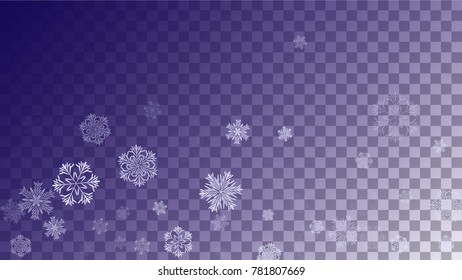 Snowflakes Christmas Background. Element of Design with Snow for a Postcard, Invitation Card, Banner, Flyer.  Vector Falling Snowflakes on a Blue Background