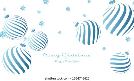 Snowflakes and christmas balls winter blue background. Merry Christmas and Happy New Year. Video backdrop, invitation or greeting card. Vector holiday template.