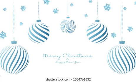 Snowflakes and christmas balls winter blue background. Merry Christmas and Happy New Year. Video backdrop, invitation or greeting card. Vector holiday template.