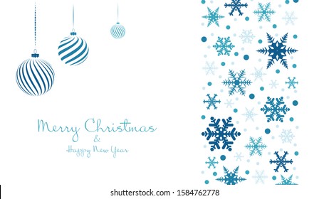 Snowflakes and christmas balls winter blue background. Merry Christmas and Happy New Year. Video backdrop, invitation or greeting card. Vector holiday template.