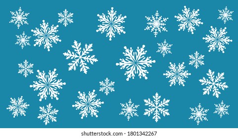  Snowflakes. Christmas blue background. Background template for winter, New Year and Christmas posters, greetings, invitations. Design holiday packaging, textiles and wrapping paper. Isolated. Vector